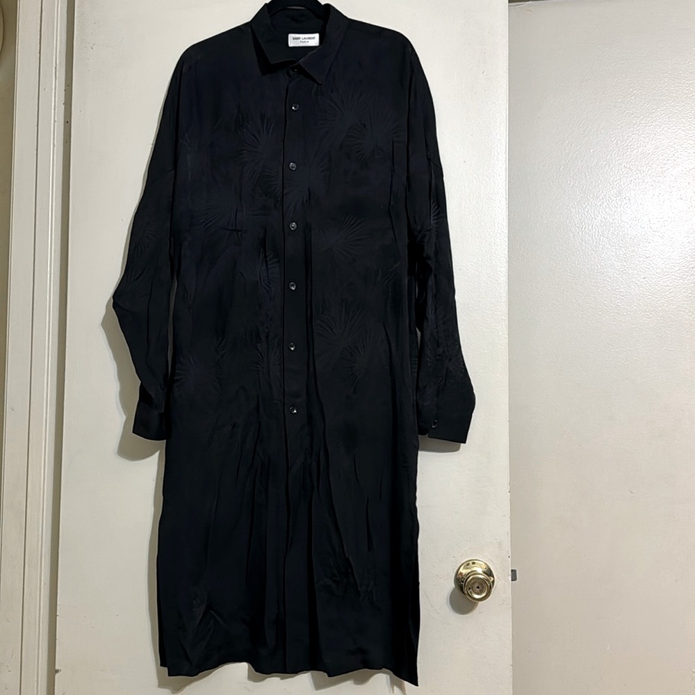 SAINT LAURENT Black Jacquard Silk Tunic Long Sleeve Shirt